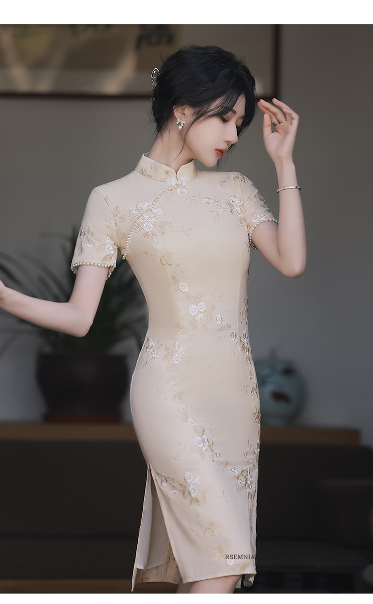 rsemnia旗袍2022年新款小个子短款香槟色刺绣复古中国风装连衣裙 香槟