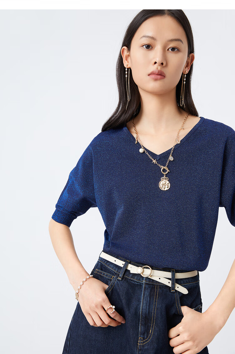 yiner音儿女装2021夏季新款通勤显瘦v领纯色五分袖毛针织衫 藏蓝 36