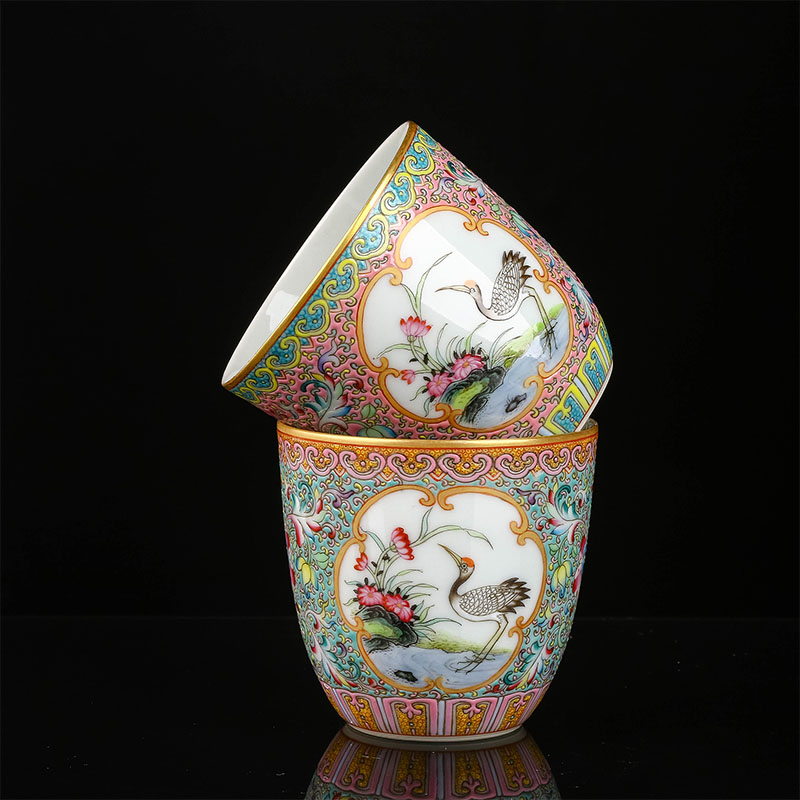 璞庐陶瓷珐琅彩开窗仙鹤单杯景德镇陶瓷茶具茶杯两面开窗品茗杯功夫茶