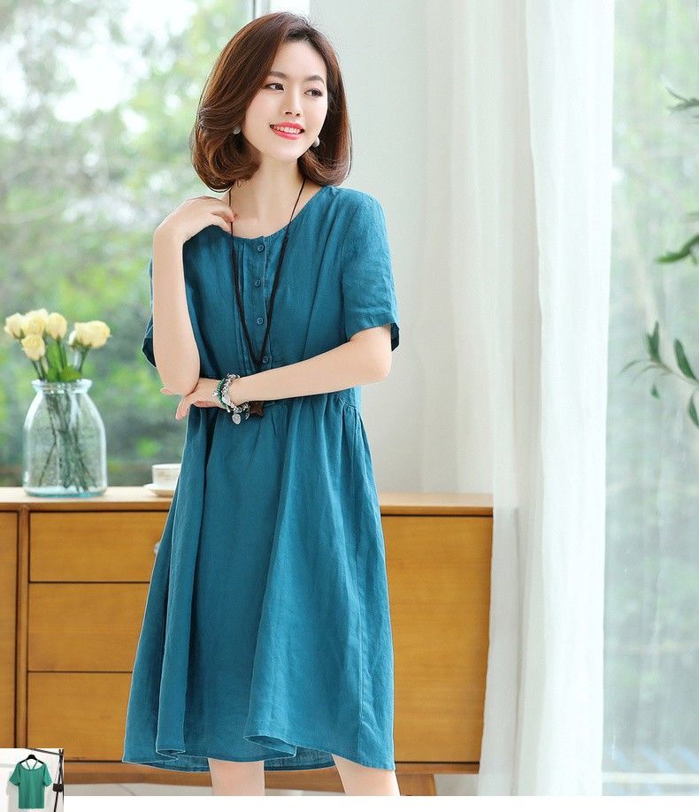 扉行依棉麻连衣裙子夏女新款宽松简约显瘦减龄中年妈妈高贵洋气裙子