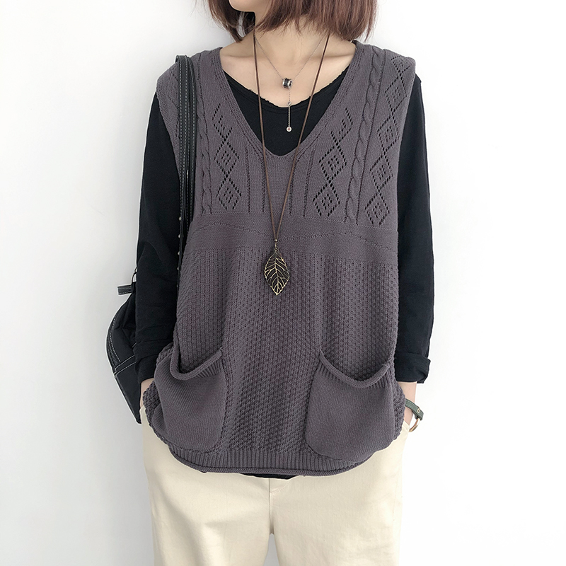 毛线背心女针织马甲女春秋宽松百搭v领外穿无袖背心大码坎肩镂空套头