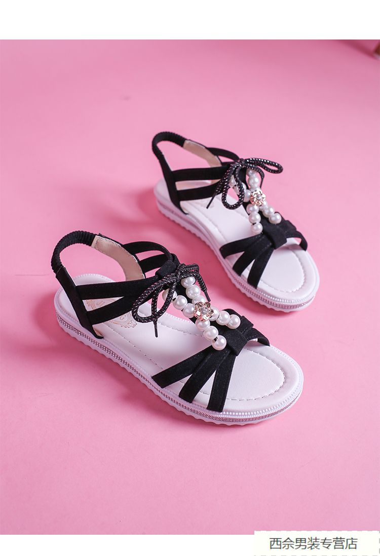 新品女生凉鞋平底初中学生仙女风夏季大童女童沙滩凉拖 小花朵米白色