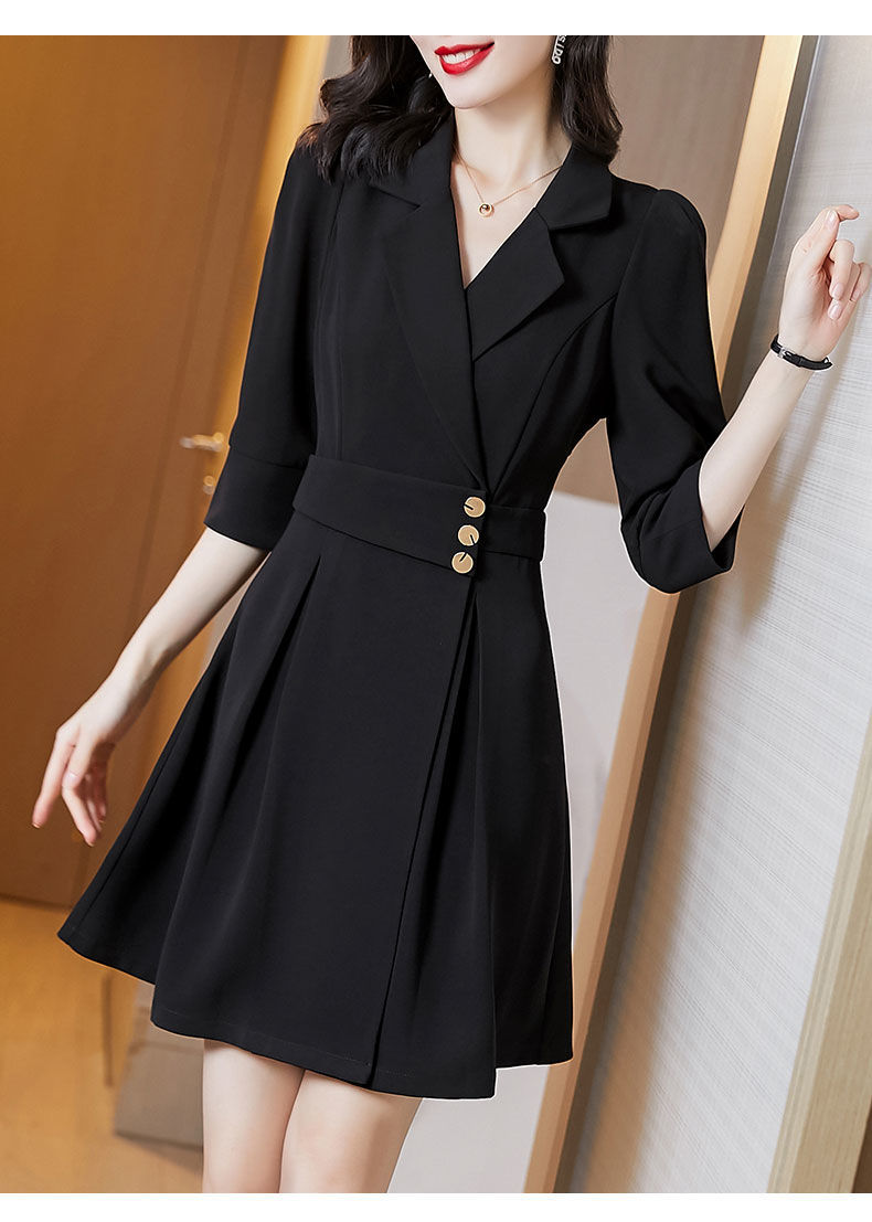 黑色西装连衣裙新款春秋新款小黑裙赫本风减龄收腰显瘦气质女神范1663