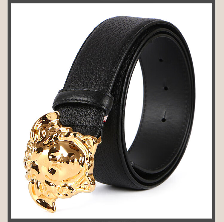 范思哲 versace 腰带男士黑色皮质荔枝纹金色美杜莎头像板扣腰带皮带