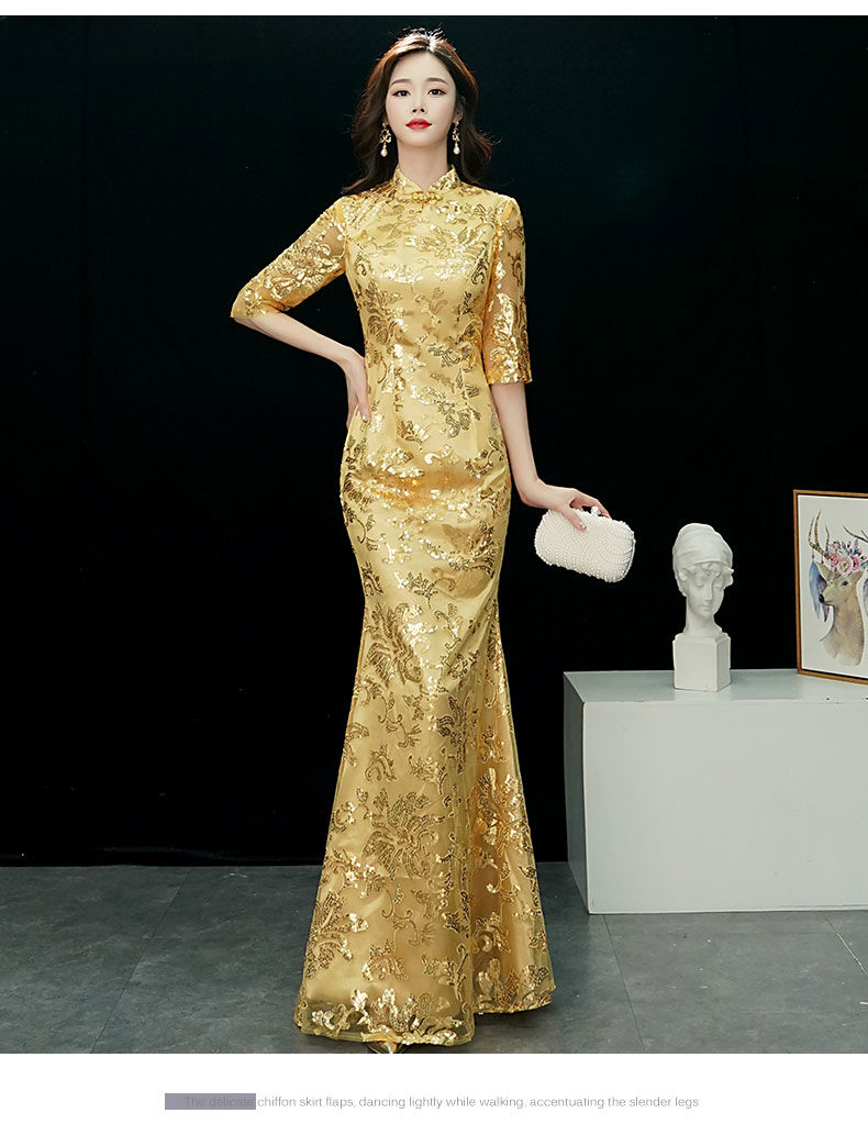 璨玥鱼尾旗袍改良版连衣裙高端走秀长款春秋季金色演出晚礼服气质长裙