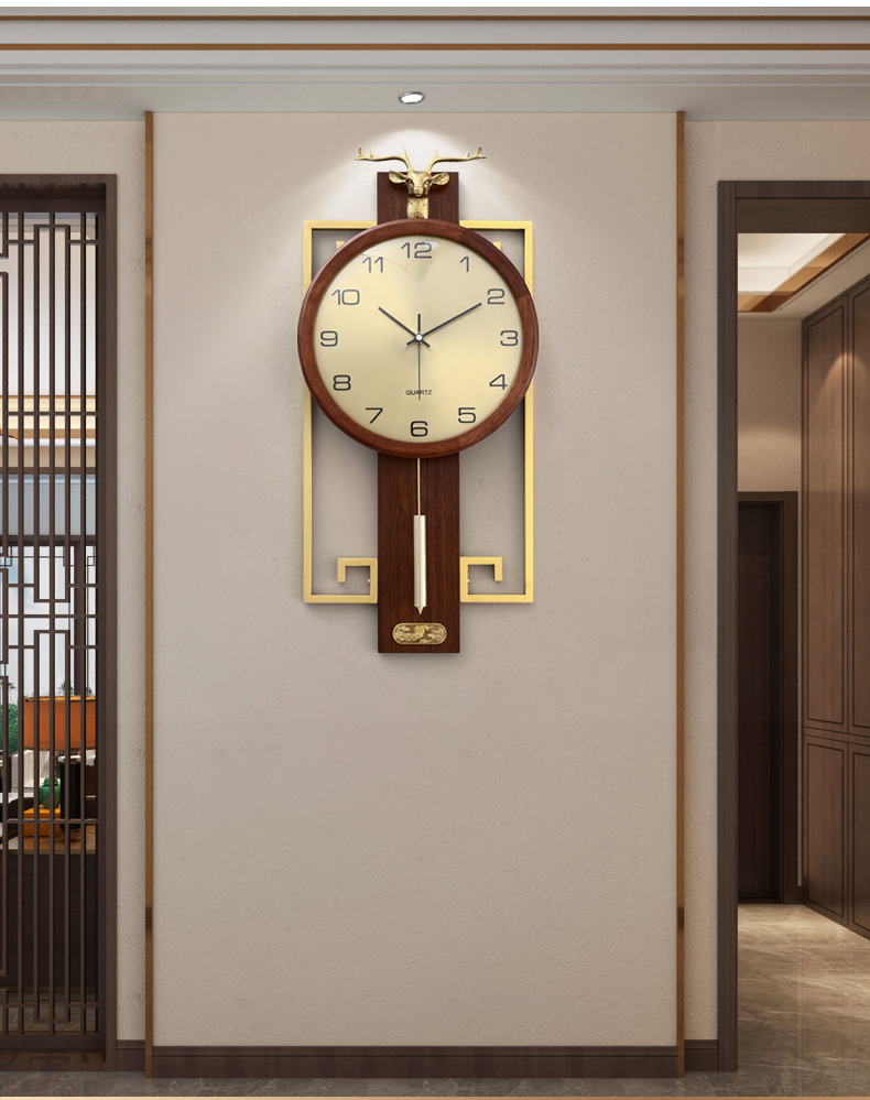 塔驰密司鹿头挂钟时尚大气时钟新中式黄铜客厅家用创意钟表福鹿胡桃木