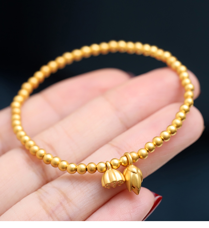 老凤凰18k金古法手串女款十八k黄金荷花莲蓬金珠手链 3mm转运珠佛珠