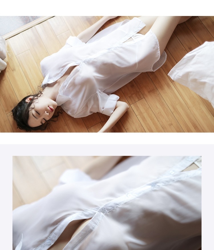 超透明性感白色衬衫女前短后长透视白士透明雪纺薄长款上衣衬衣夏勤