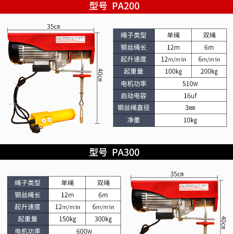 鋼絲繩電動葫蘆220v家用小型五金吊機提升機捲揚升降起重機pa100012米