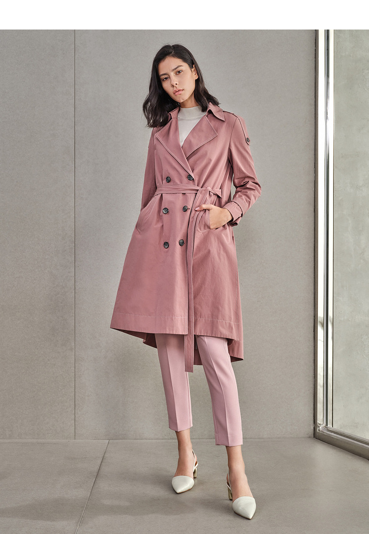 恩裳2021春季新款时尚休闲宽松廓形棉质双排扣风衣外套女中长款 粉色