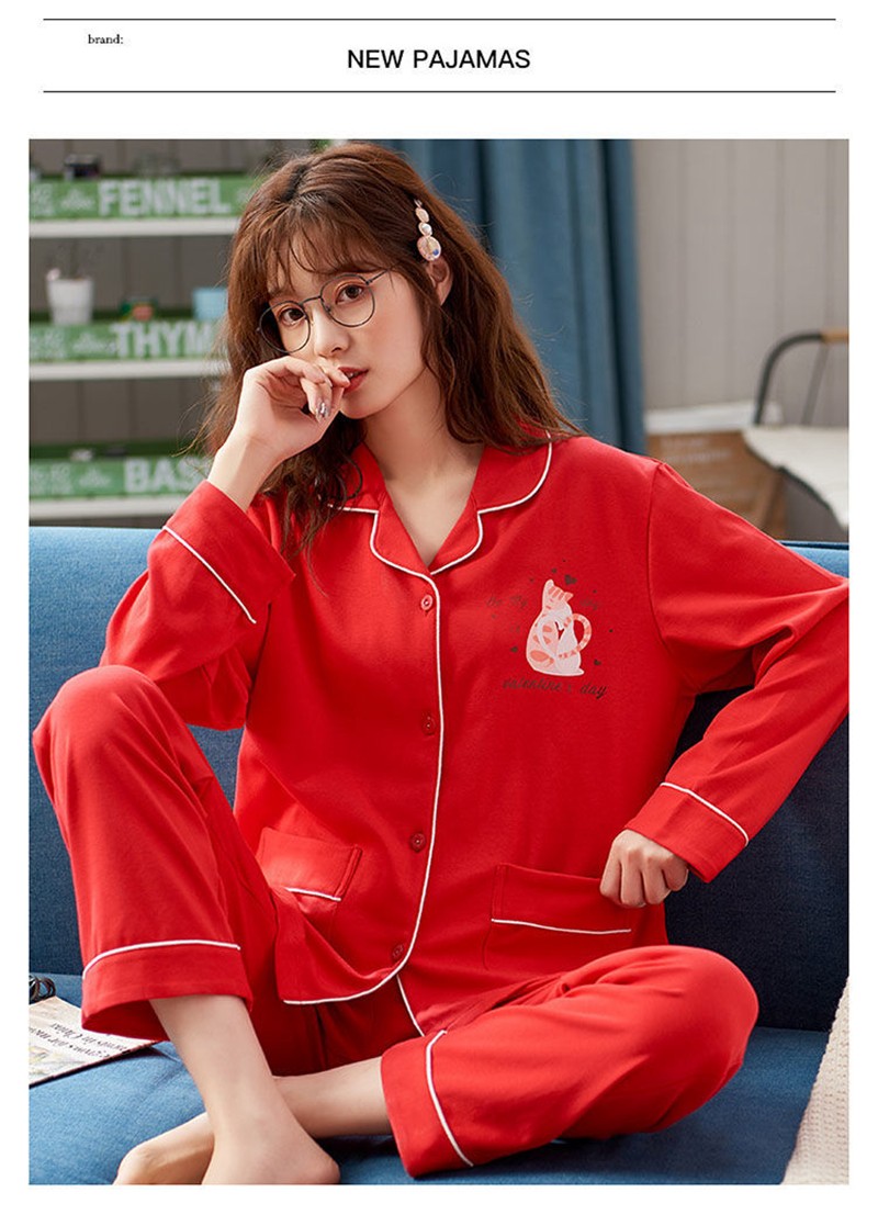 纯棉长袖家居服新品女装睡衣可外穿两件套新年红色本命年女内衣套装