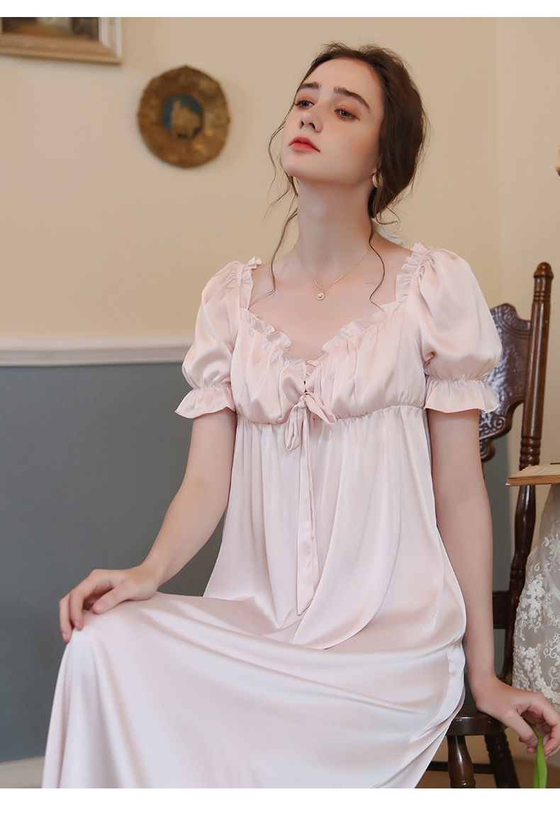 茱凰性感睡裙女夏季冰丝短袖长款裙子宫廷风公主冰丝薄款仿真丝睡衣