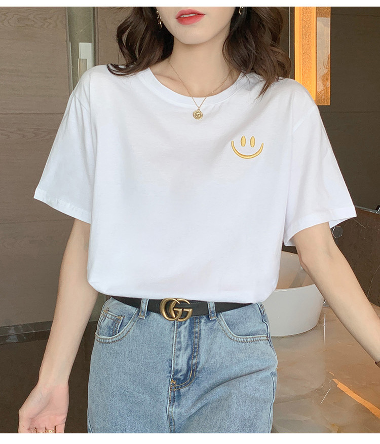 夜市地摊衣服 实拍新款笑脸刺绣短袖恤女2022夏季新 白色 s【图片