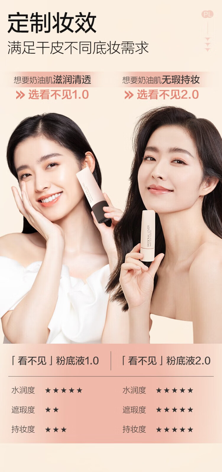 Passional Lover /PL看不见粉底液2.0 化妆品奶油肌干皮不卡粉持久不脱妆粉底礼物 看不见粉底液2.0遮瑕版10g 01象牙白