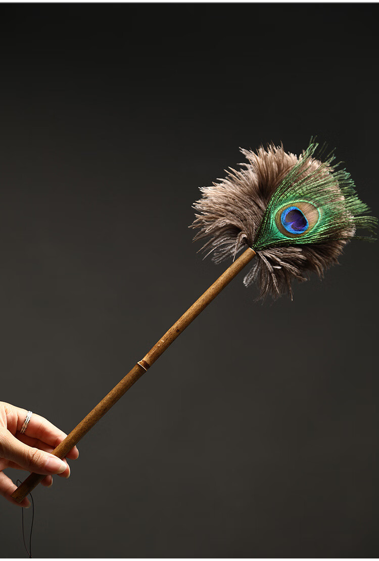 竹制鸵鸟毛扫灰家用装饰品鸡毛掸禅子复古 筇竹柄孔雀羽毛拂尘【图片