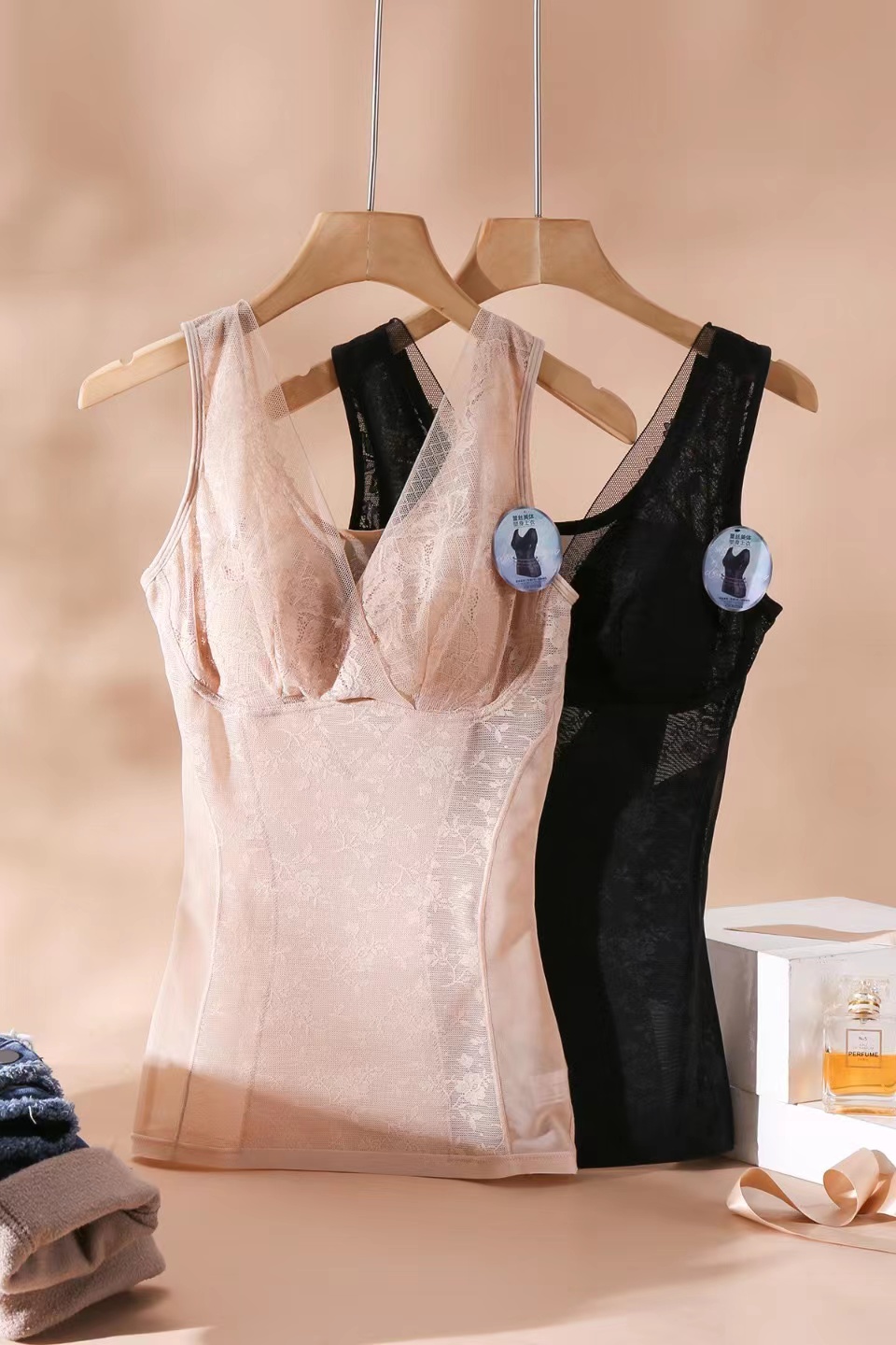 2022新款文胸一体塑身衣薄款塑身衣蕾丝塑形美体上衣性感v领文胸一体