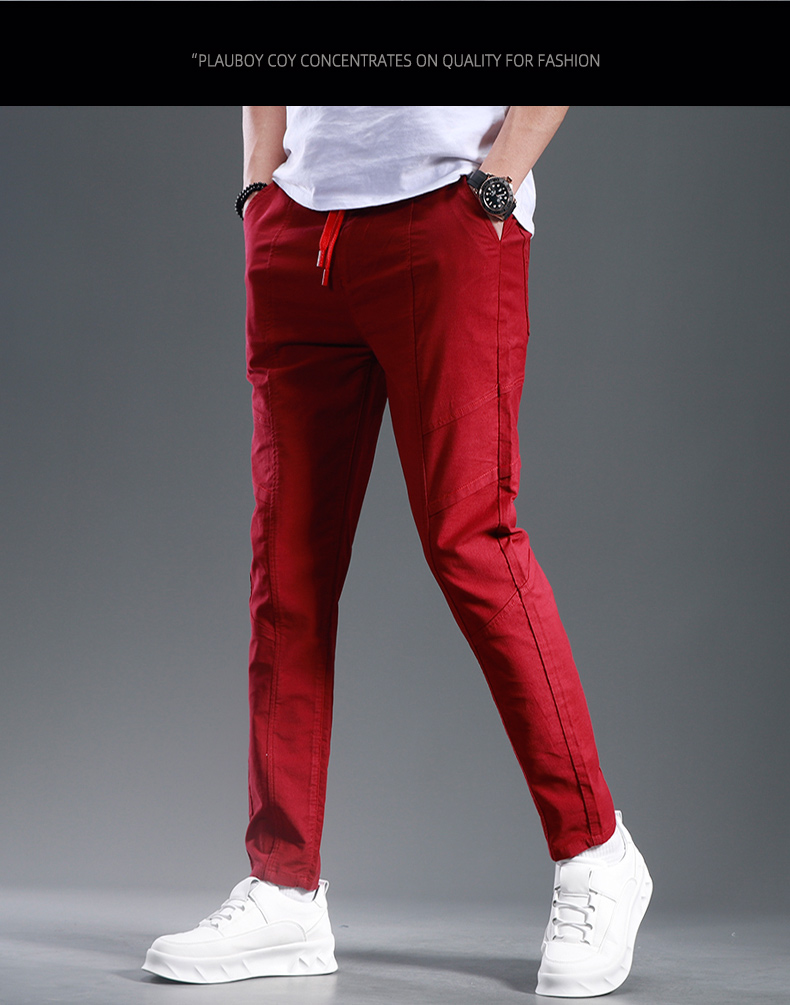 u)新款红色牛仔裤男潮牌松紧腰修身休闲裤韩版潮流宽松小脚裤子 红色