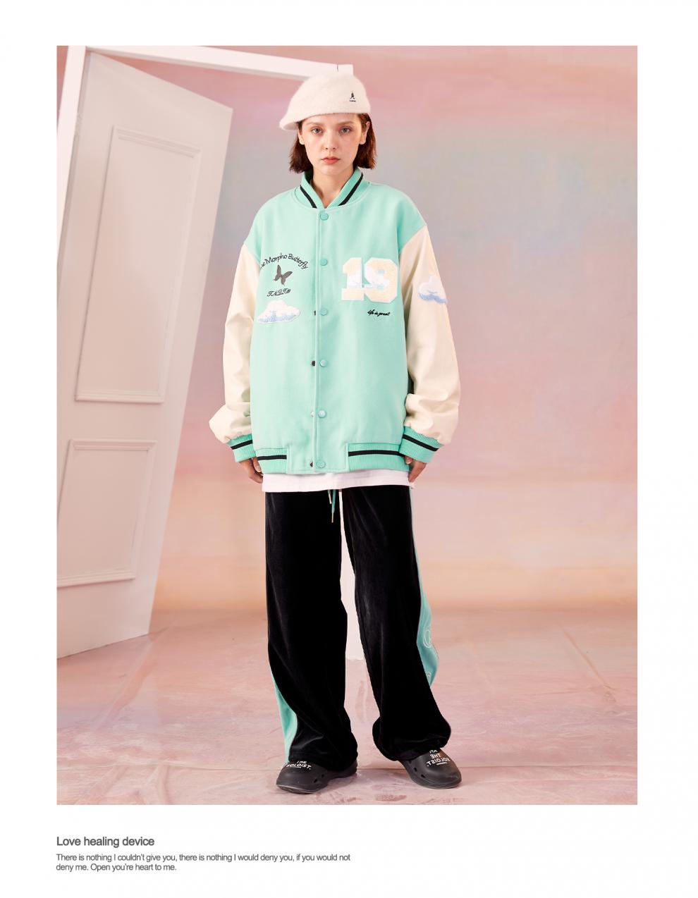 tnqt心碎创可贴潮牌白云立体毛巾绣pu皮棒球服毛呢夹克外套男女蓝色xs