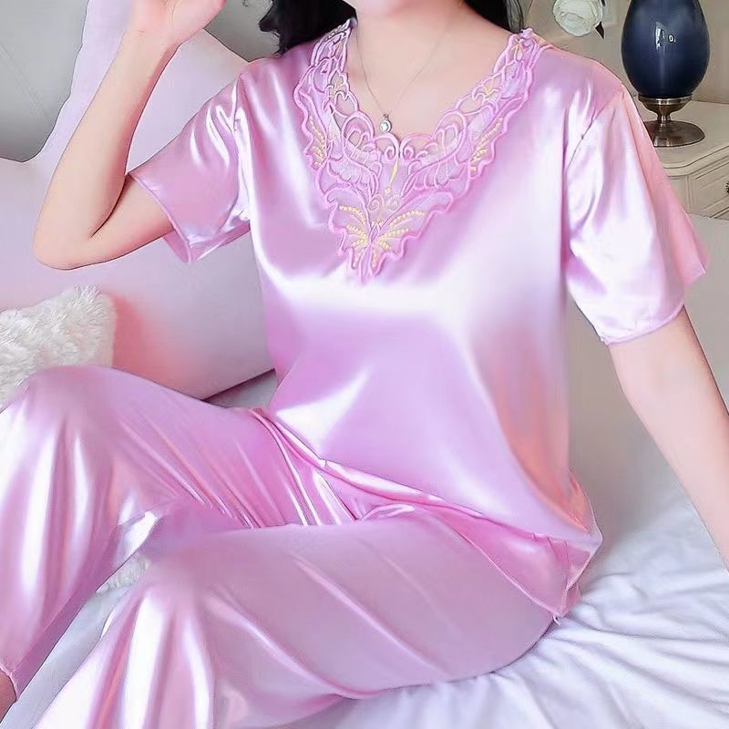 梦欧玘80200斤mm大码薄款丝绸冰丝睡衣女夏季套装女士短袖家居服紫色