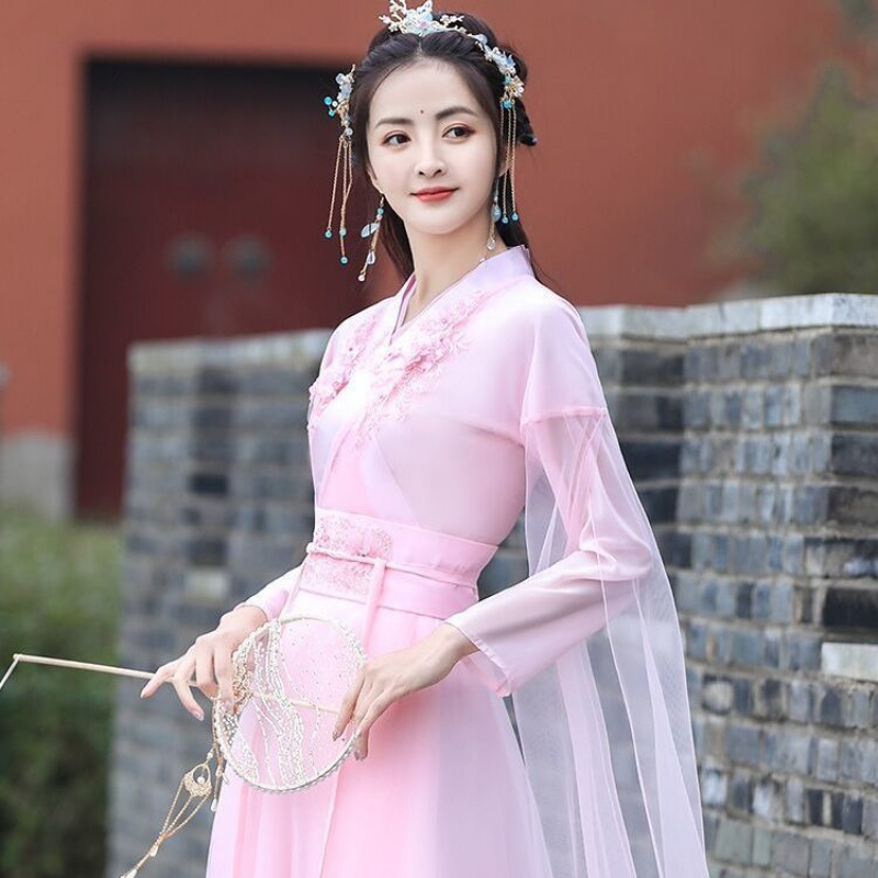 婍妡夏季汉服女古风仙气 粉色汉服女飘逸古风超仙气古装演出服女中国