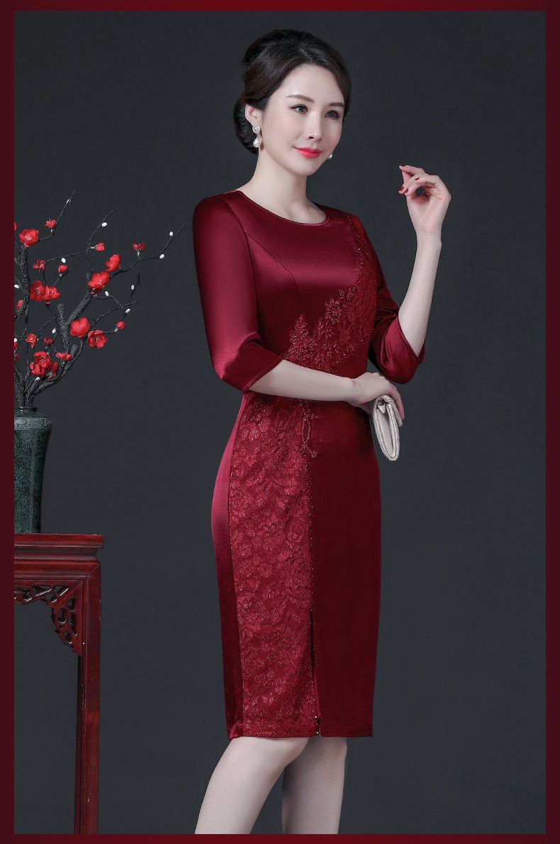 夏天喜庆婚礼妈妈装夏天洋气裙子喜婆婆婚宴装礼服醋酸连衣裙酒红色m