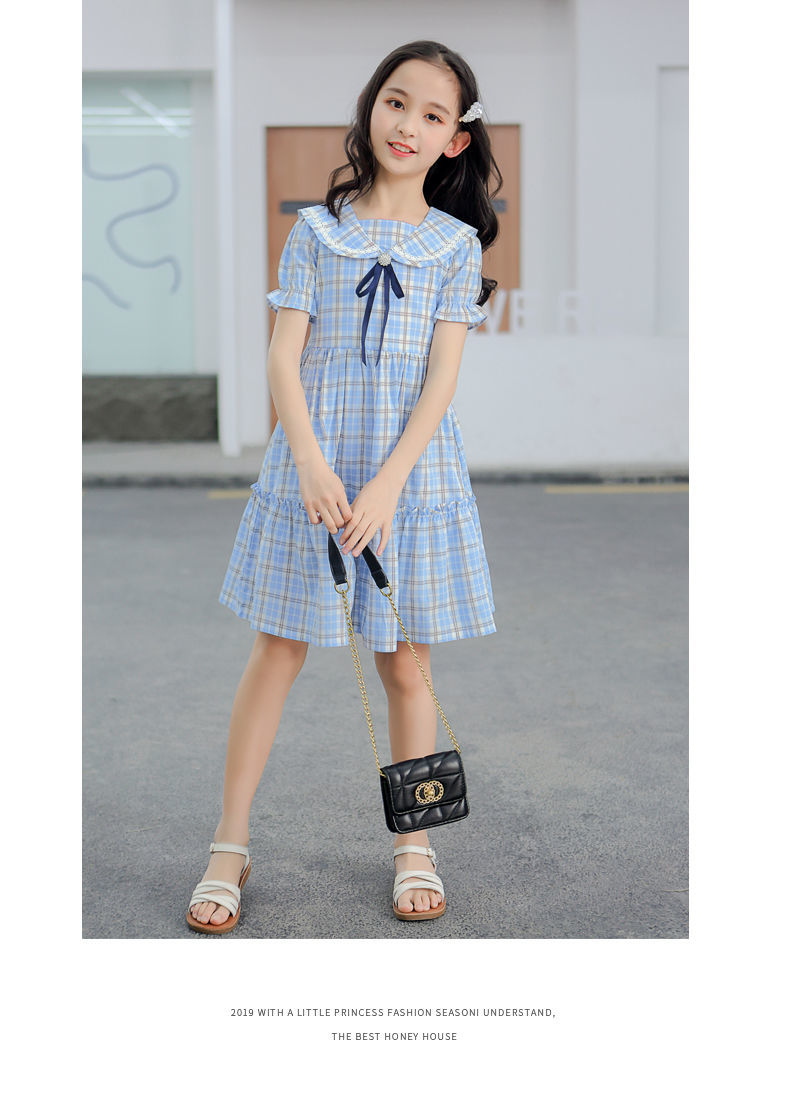 迪士尼女童连衣裙夏装中大儿童格子裙洋气2022新款网红童装女孩公主