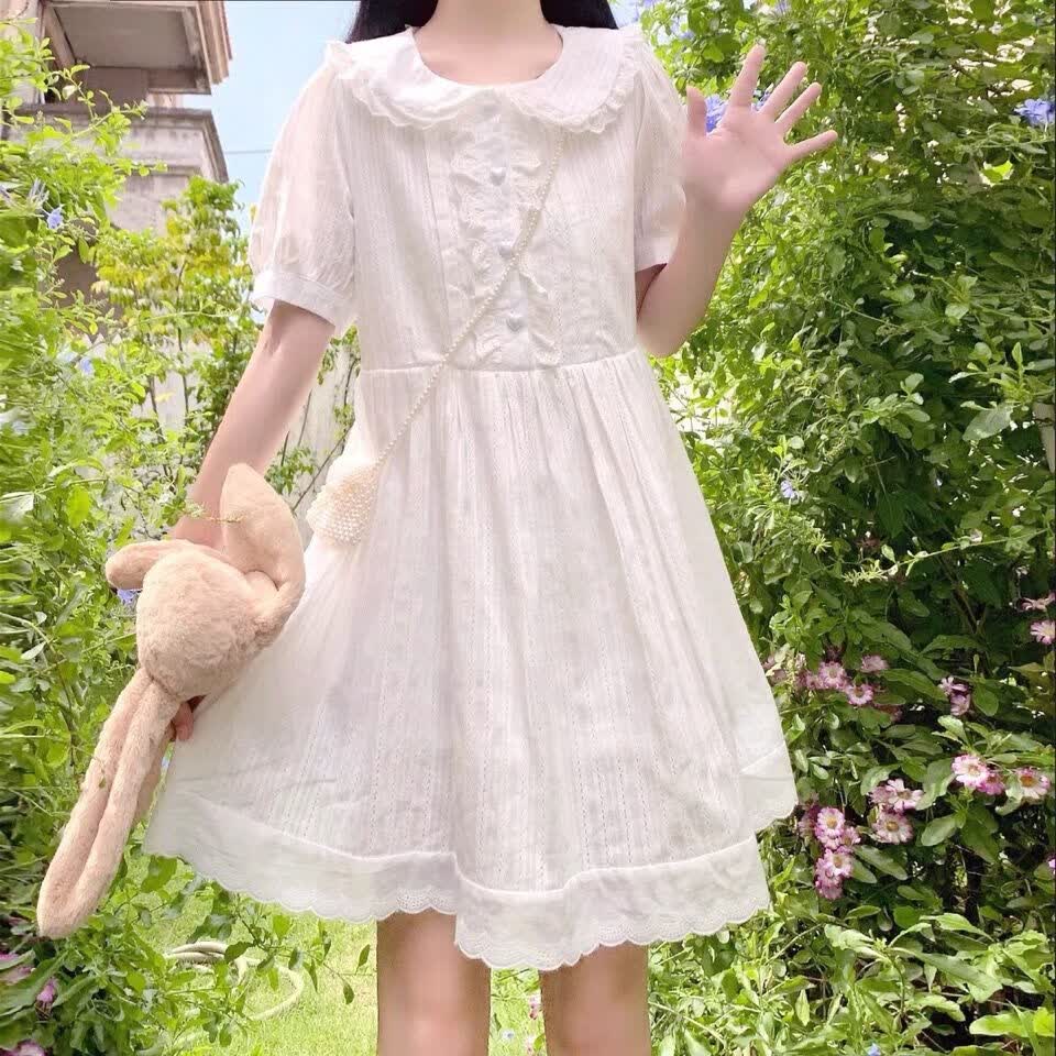 连衣裙女022年夏季新款圆领初恋小白日系纯欲软妹可爱学生宽松少女a字