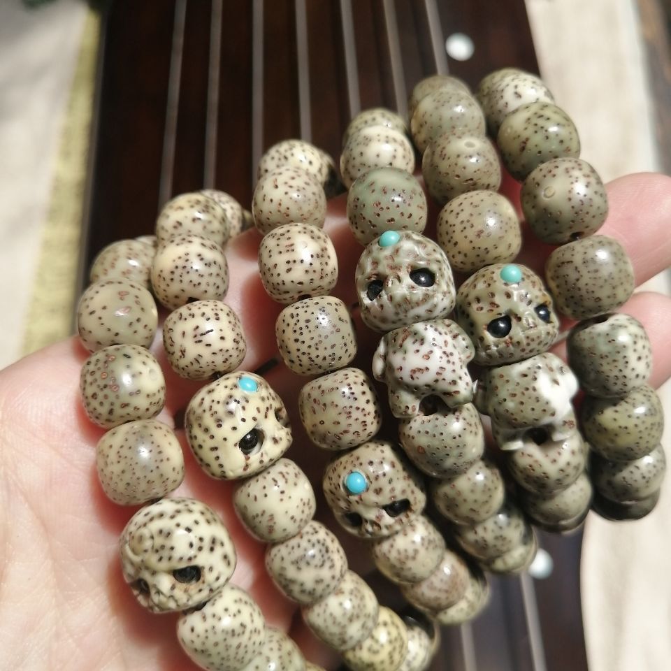 鹿凌青 天然星月菩提雕刻阿呆带身体一套10-9老型桶手串阴皮绿幽灵 绿