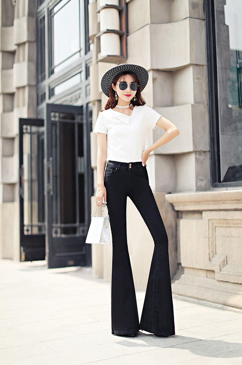 中高腰黑色大鱼尾大喇叭牛仔裤显瘦女神范长裤 黑色 24