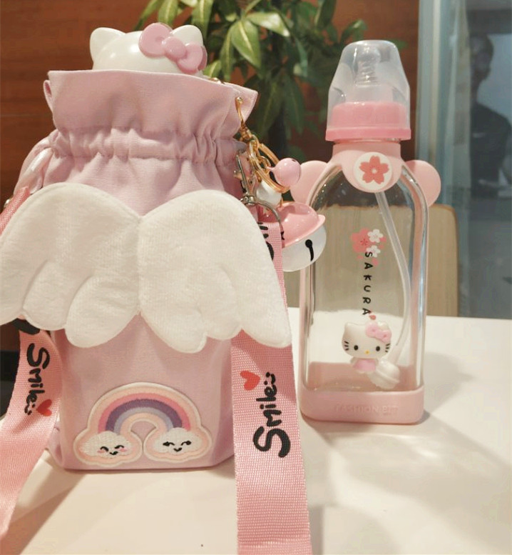 成人奶瓶创意可爱樱花水杯日系图案玻璃奶嘴杯卡通带吸管女生节日礼物