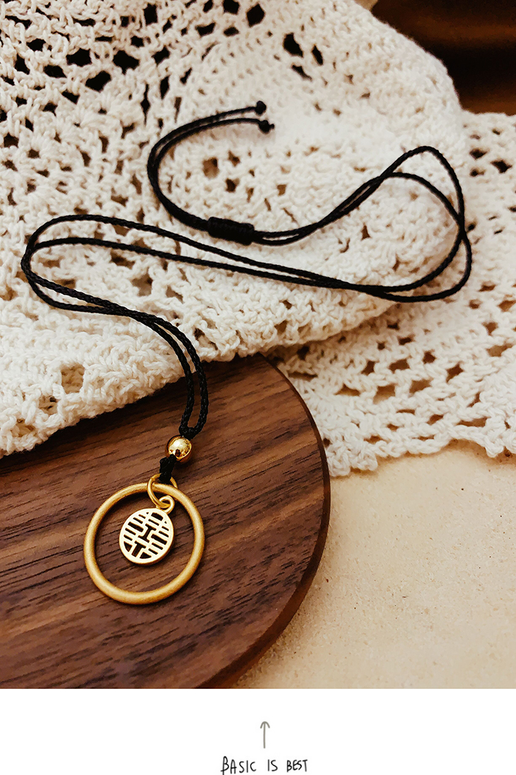 新品传承古法沙金福字双喜吊坠项链男女款黑绳圆环素圈锁骨链w 猫眼石