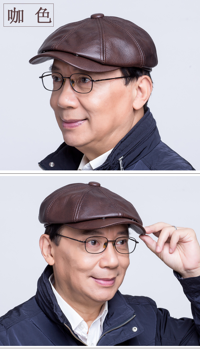 大老板皮帽帽子秋牛皮八角帽休闲鸭舌帽薄款中老年男帽老人帽冬男士冒