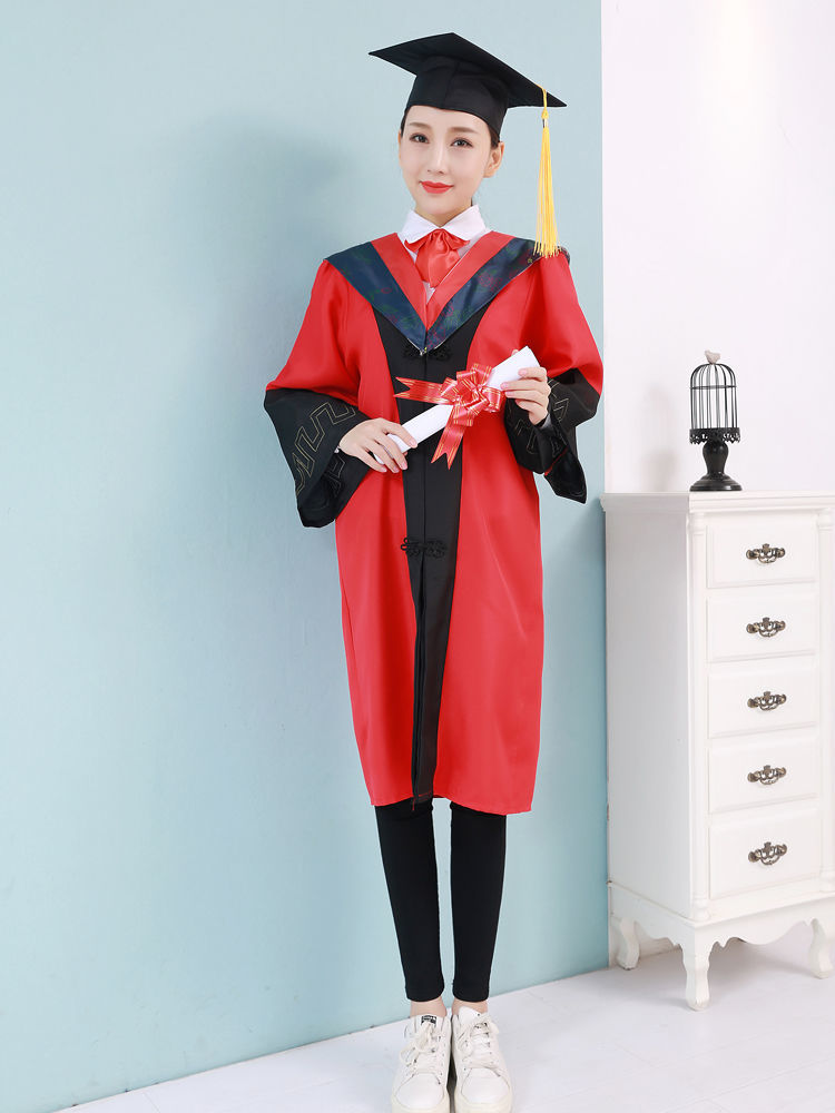毕业毕业典礼服装学位服文理工科垂布学位帽学士服 红色军科(普通) s