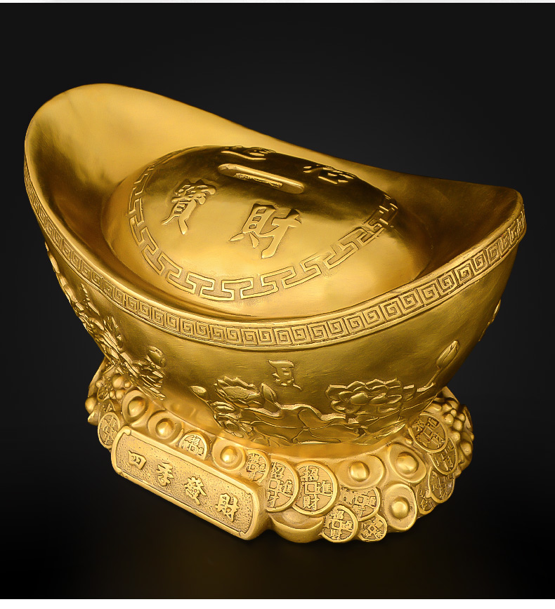 实心铜元宝摆件纯铜聚宝盆龙凤金元宝客厅开盖储蓄存钱罐大号 小号