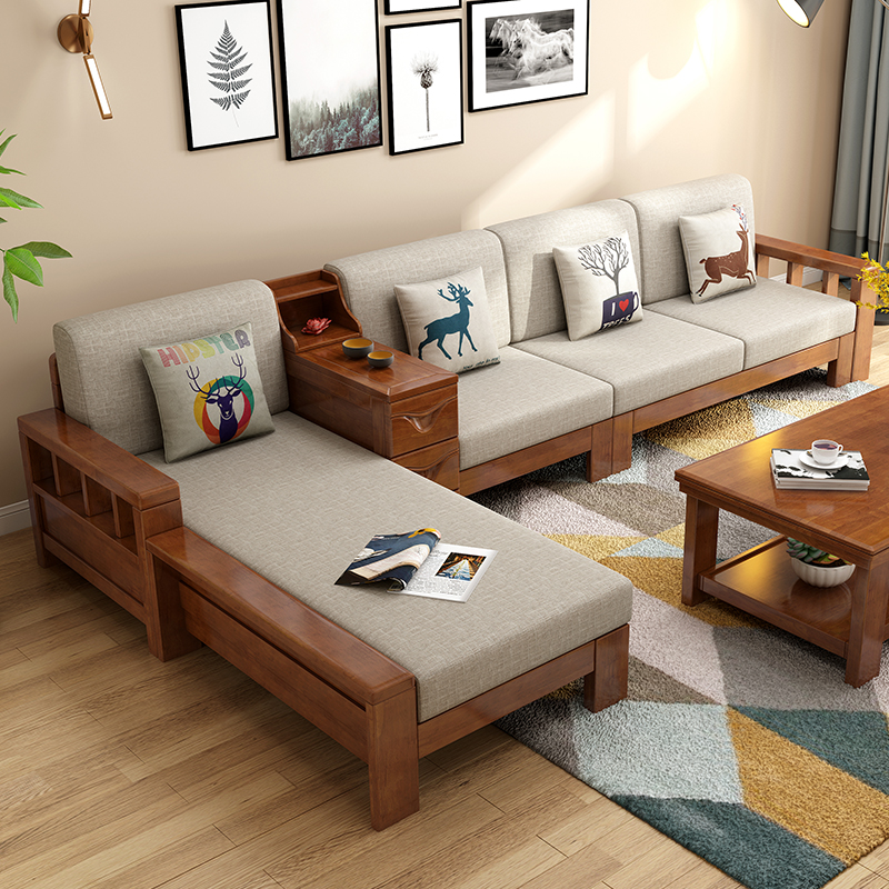 汇德能中式实木沙发组合现代布艺三人位沙发床大小户型客厅家用科技布