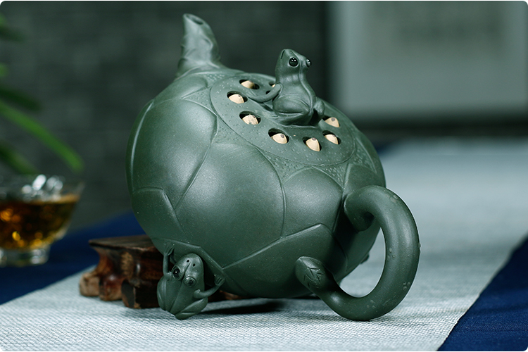 艾和宜兴原矿紫砂壶全手工青蛙莲子段泥壶 清水泥青蛙(绿)莲子420毫升