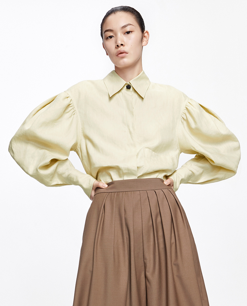 edition东方盘扣亚麻衬衫女春小众复古泡泡袖上衣 砂砾色 xs/155