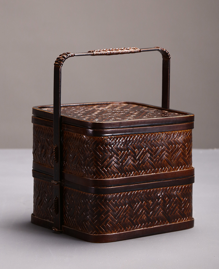 上坟用食盒竹编提篮收纳日式双层水果点心果盘宫廷食盒影视道具复古风