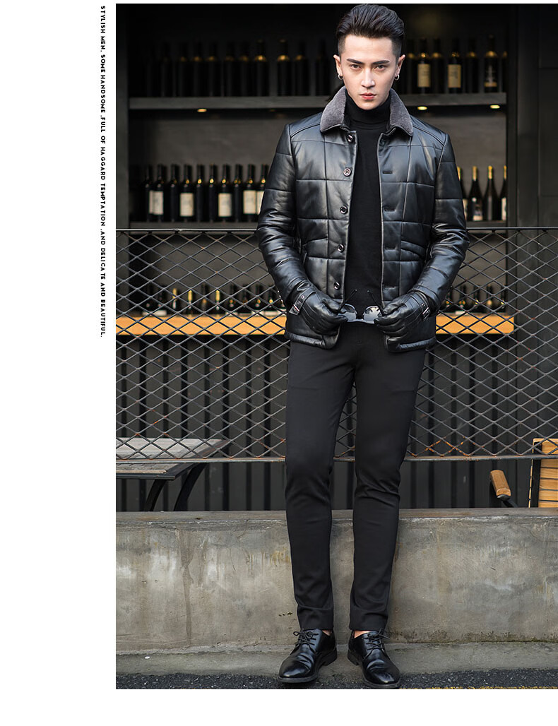 海宁皮革城羽绒服 海宁真皮皮衣男皮毛一体服短款修身机车皮夹克冬季