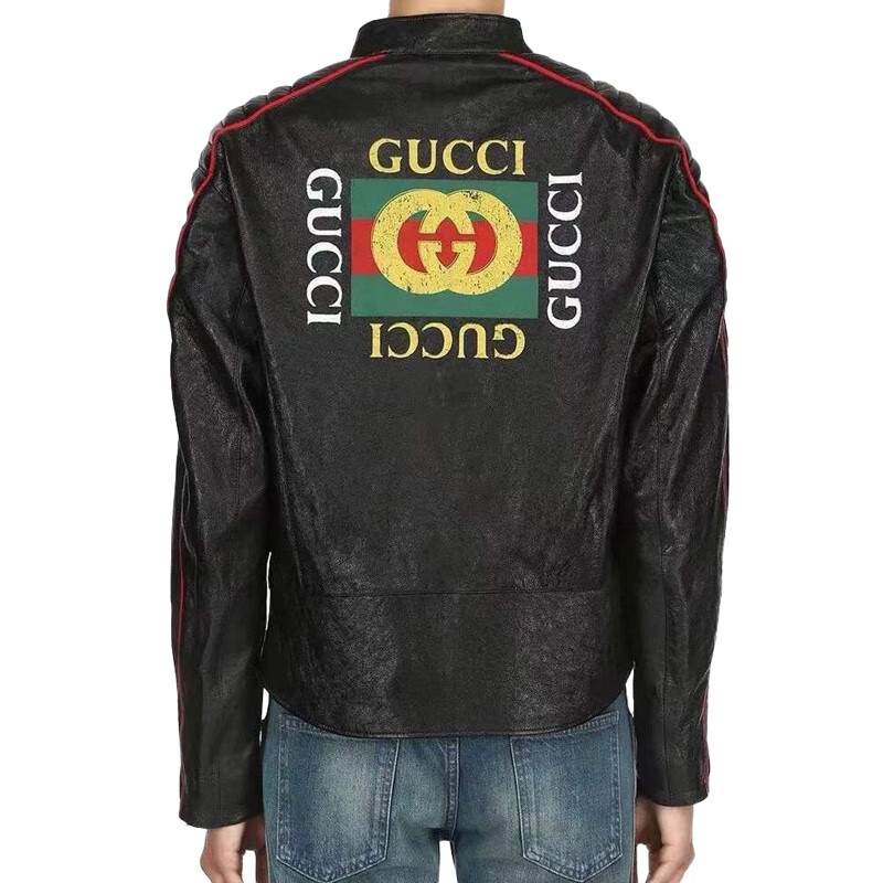 古驰gucci经典黑色机车皮夹克后背经典gucci方格标外套男士黑色系46