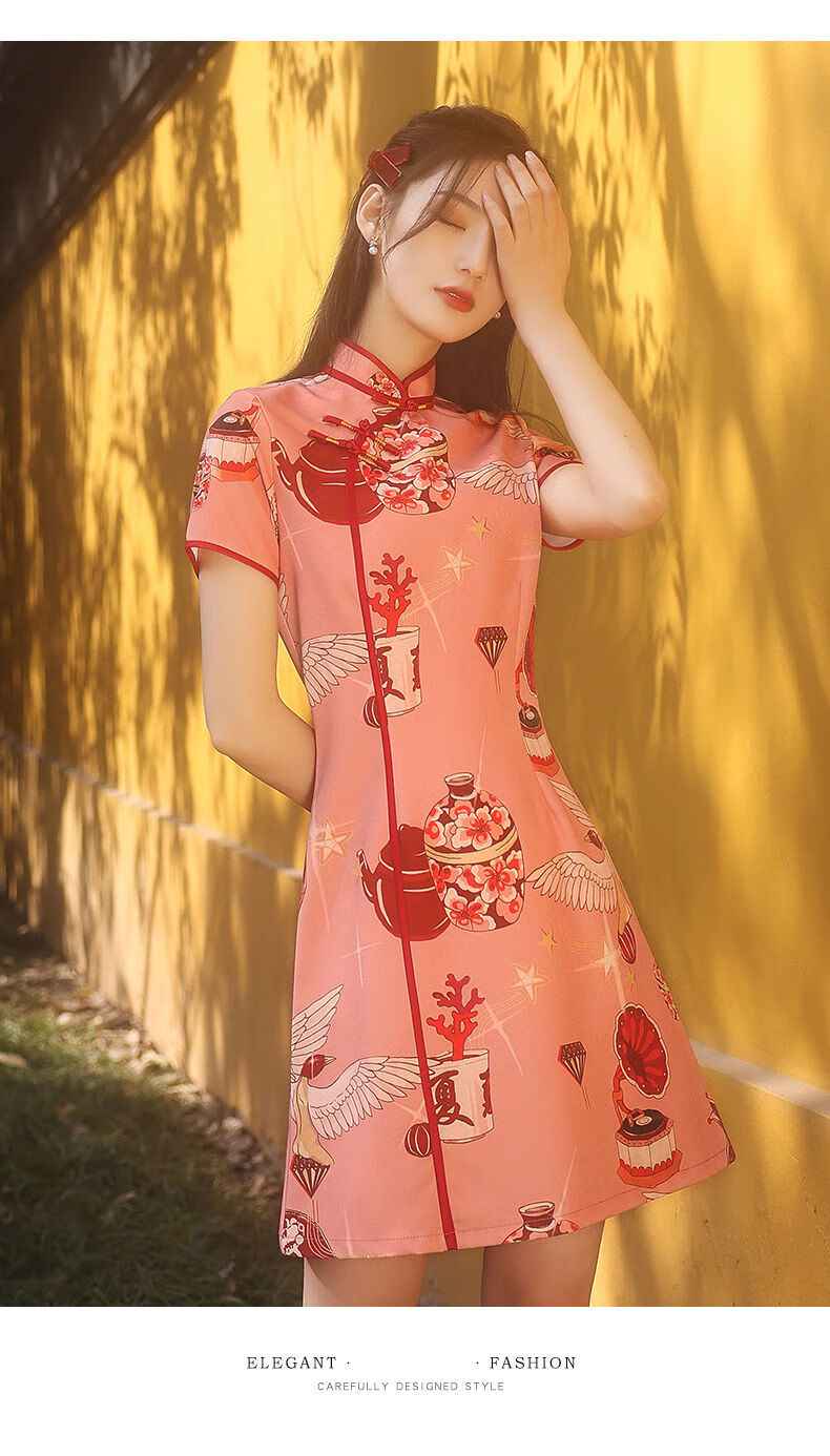 彩木夏改良旗袍2021年新款女夏季年轻款少女日常可穿大花连衣裙国潮短