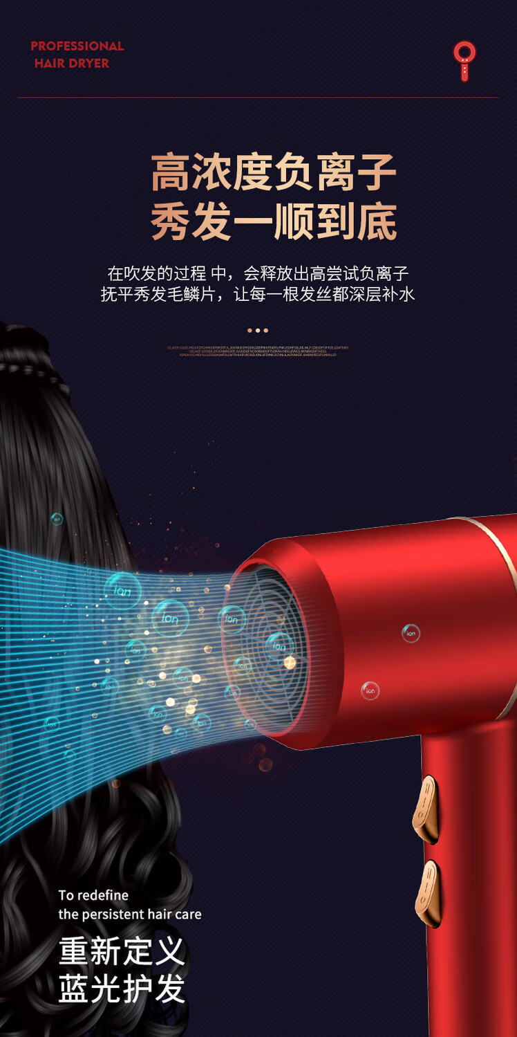 38060-吹风机家用大小功率学生宿舍静音电吹风筒蓝光负离子吹风机网红款 公主粉 【800W】宿舍-详情图