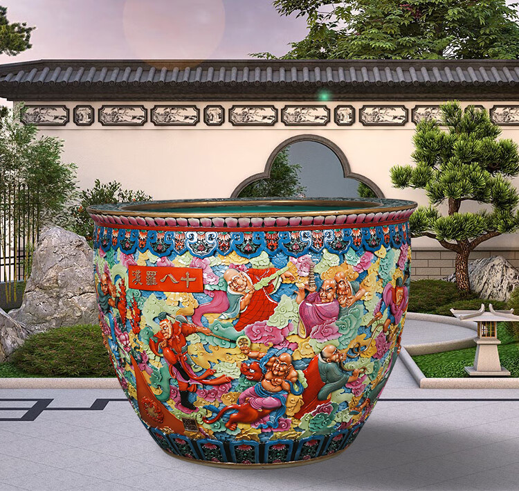 鱼缸手工雕刻粉彩家用养锦鲤水缸阳台种树室外庭院大缸 十八罗汉(直径