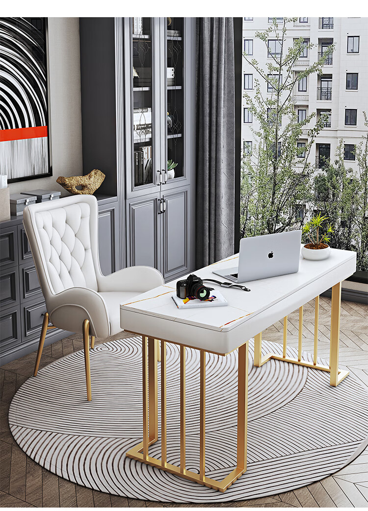 新辰巍北欧现代岩板网红电脑桌老板洽谈商用书法桌家用轻奢书桌椅金色