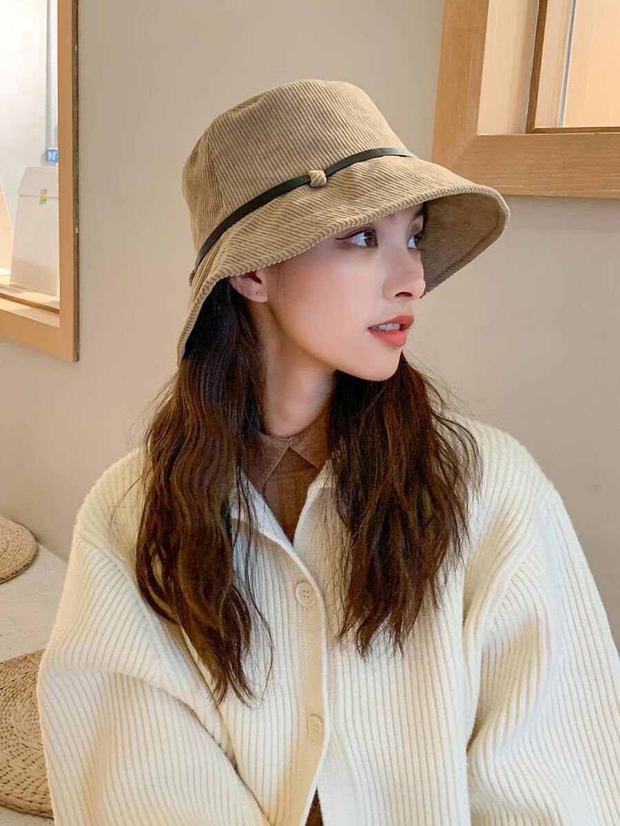 灯芯绒渔夫帽女秋冬季日系文艺百搭出游遮阳帽子韩版休闲复古盆帽hw