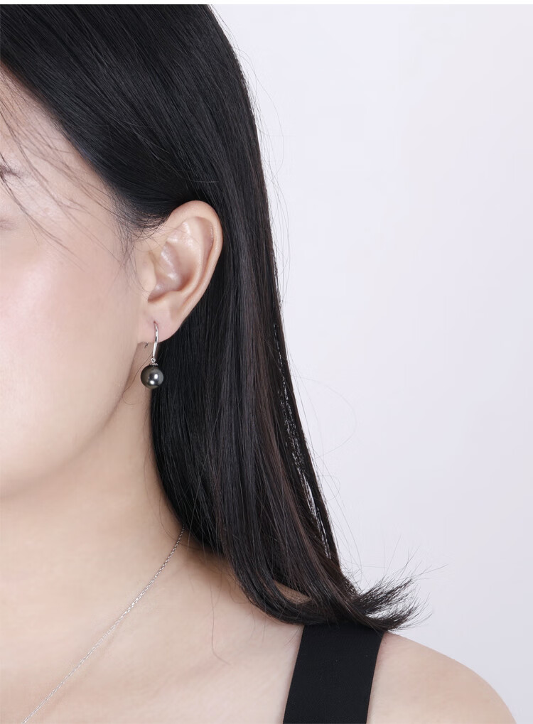 莫氏大溪地黑珍珠耳环18k金天然正圆形海水珍珠耳坠耳钩简约百搭