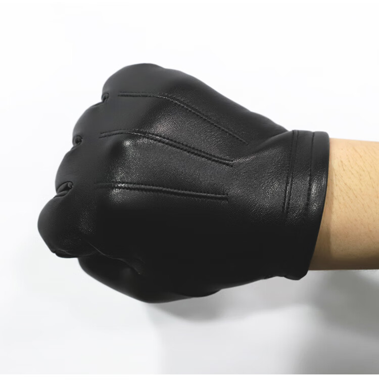 露二指加绒皮手套真眞皮男冬钓鱼羊皮骑行弹弓外卖保暖半截 羊皮绒里