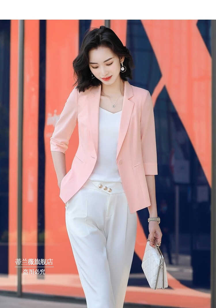 粉色中袖西服外套夏季新款前台酒店专柜工作服 黑色(西装 6635黑裤子)