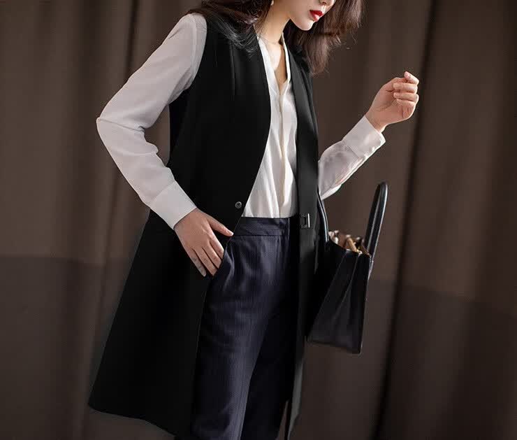 黑色西装马甲女春夏薄款外搭时尚新款修身坎肩中长马夹外穿1黑色m