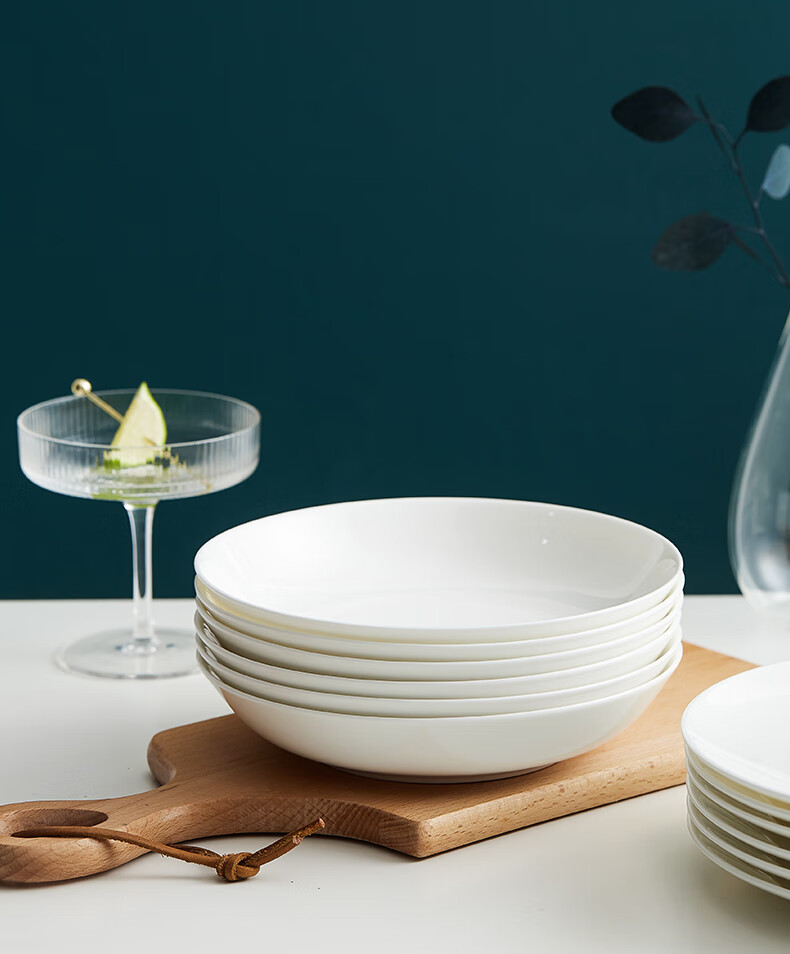 唐山骨质瓷盘子深菜盘家用6只装餐具白8寸饭盘汤碟子陶瓷餐具浅盘